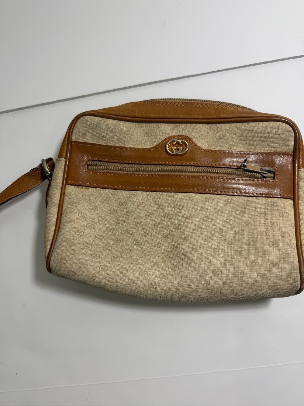 Vintage Tan Gucci Monogram Ophidia Camera Crossbody Bag Canvas Leather Trim